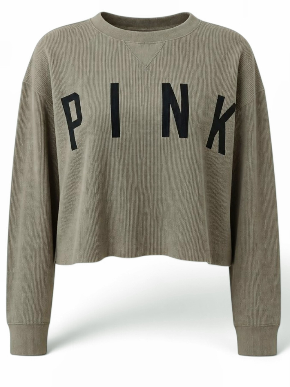 PINK Victoria's Secret Cropped Termal Waffle Knit Crewneck Sweatshirt in Olive